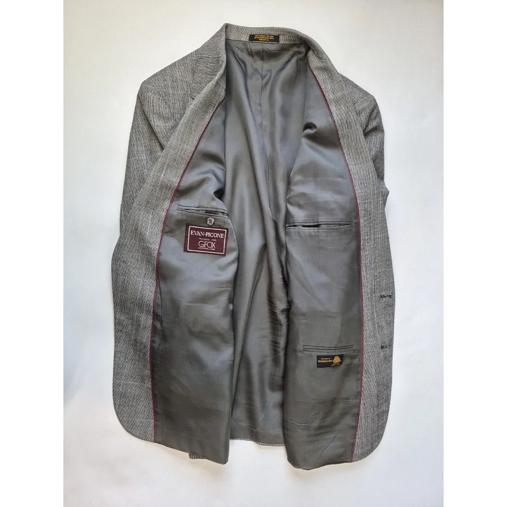 Evan Picone Mens Vintage Sports Coat 44R Gray Check Wool Blazer Made in USA